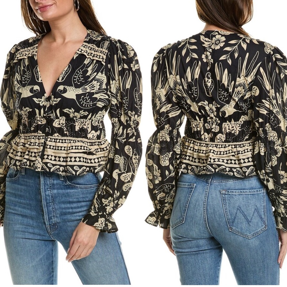 Gorgeous Farm Rio graphic floral puff sleeve blouse size medium orig $250